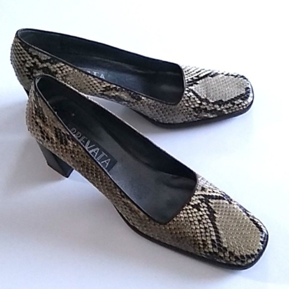 Prevata Snakeskin Heels Brown Cream Genuine Snakeskin, Size 9.5 US